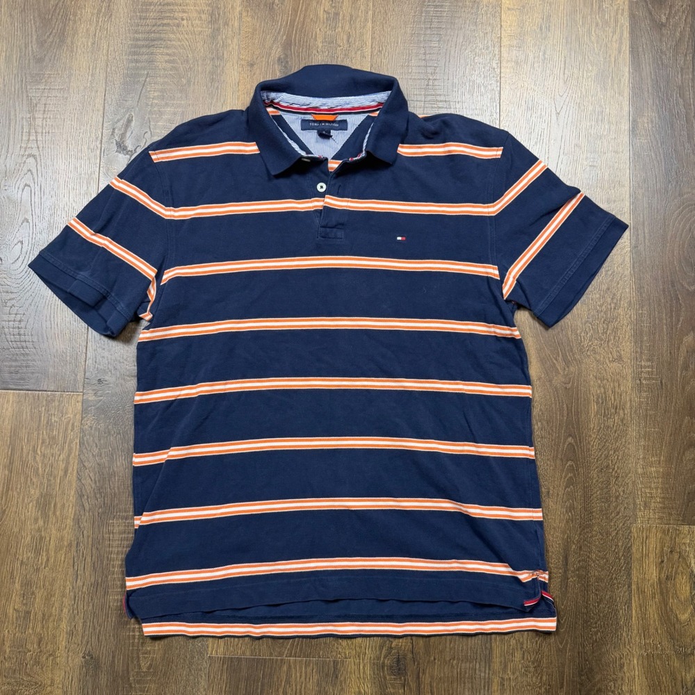 Tommy Hilfiger Mens XL Polo Shirt Navy Blue Orange Striped Pique Short Sleeve